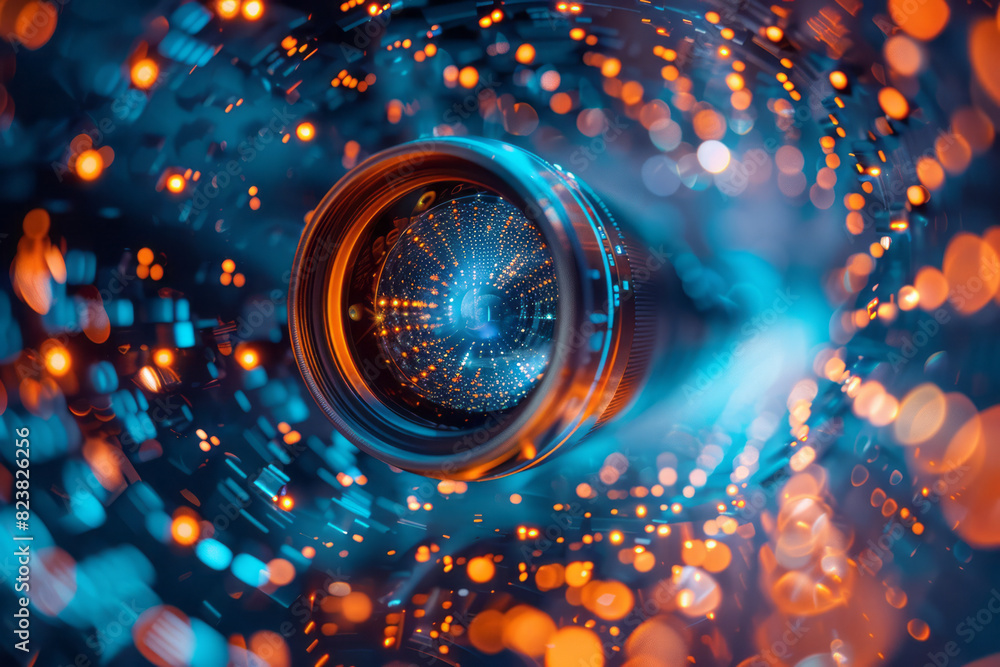 Poster Illustration of a lens surrounded by glowing orbs of light, each orb casting complex shadows and patterns,