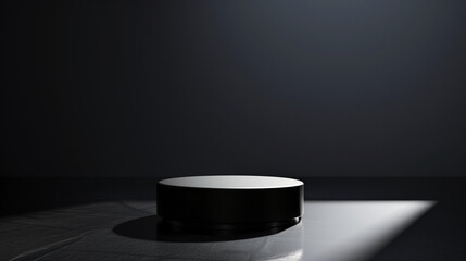 3D render of a podium with a reflective surface in a studio setting against a solid black background. The scene includes subtle reflections and soft, diffused lighting.


