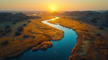 Sunset aerial view of a winding river
