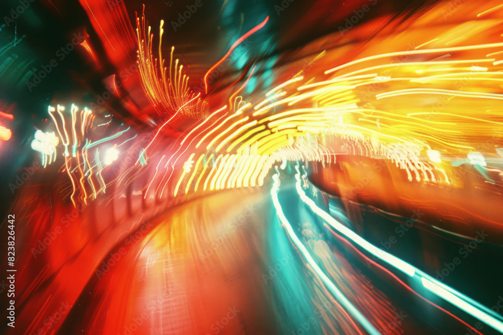 Poster A lens emitting pulsating waves of neon colors, creating a dynamic and vibrant abstract scene,