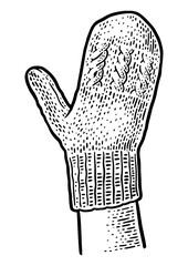knitted woolen mitten on hand sketch engraving PNG illustration. T-shirt apparel print design. Scratch board imitation. Black and white hand drawn image.