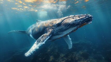Underwater, a majestic humpback whale swims gracefully
