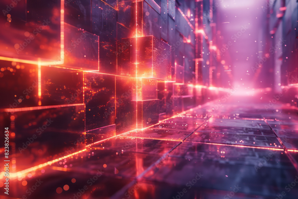 Poster illustration of a lens emitting laser-like beams that intersect and create a grid of glowing geometr