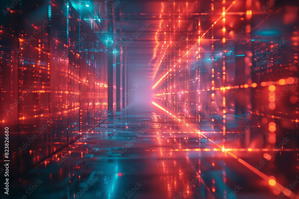 Poster illustration of a lens emitting laser-like beams that intersect and create a grid of glowing geometr
