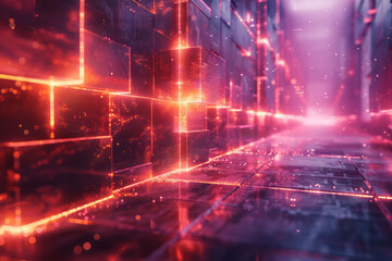 Illustration of a lens emitting laser-like beams that intersect and create a grid of glowing geometric shapes,