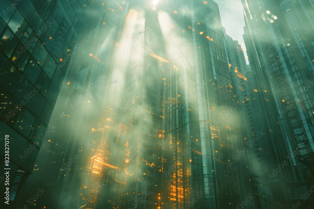 Aufkleber Scene of a lens floating above a cityscape, casting beams of light that create abstract reflections on buildings,