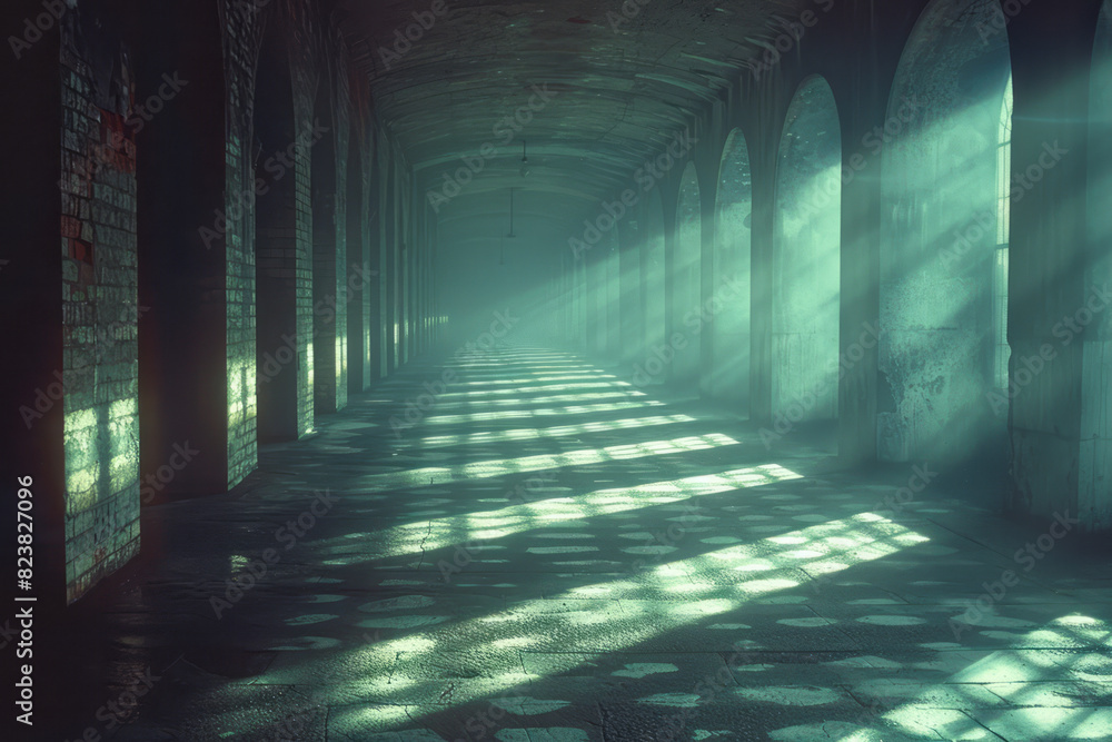 Poster scene of a lens hovering in a dark room, casting beams of light that create intricate shadow pattern