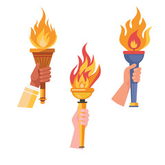 Torch in hand set. Flaming torchs.Sport fire sign. Competitions, athletic, champion, sports game or freedom torches with flames icon.