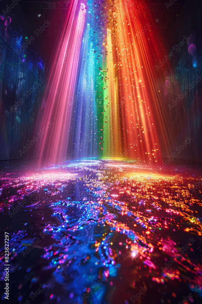 Poster artistic depiction of a lens emitting beams of light that form a cascading waterfall of colors,