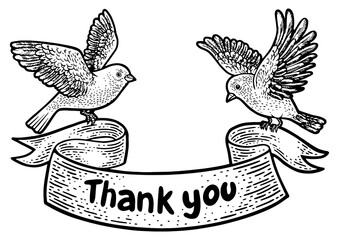 birds carry thank you banner ribbon sketch engraving PNG illustration. T-shirt apparel print design. Scratch board imitation. Black and white hand drawn image.