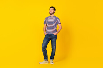 Full size photo of handsome man with beard dressed striped t-shirt look at sale empty space...