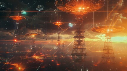 A breathtaking futuristic alien cityscape featuring glowing tower structures and illuminated spheres at sunset, casting a warm, orange glow over the dynamic urban landscape.