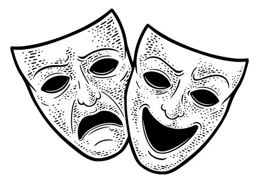 recommend clip art: theater masks symbol sad and joyful sketch engraving PNG illustration. T-shirt apparel print design. Scratch board imitation. Black and white hand drawn image.