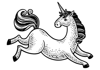 Unicorn cartoon legendary creature sketch engraving PNG illustration. T-shirt apparel print design. Scratch board imitation. Black and white hand drawn image.