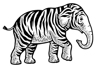 fictional animal tiger elephant sketch engraving PNG illustration. T-shirt apparel print design. Scratch board imitation. Black and white hand drawn image.