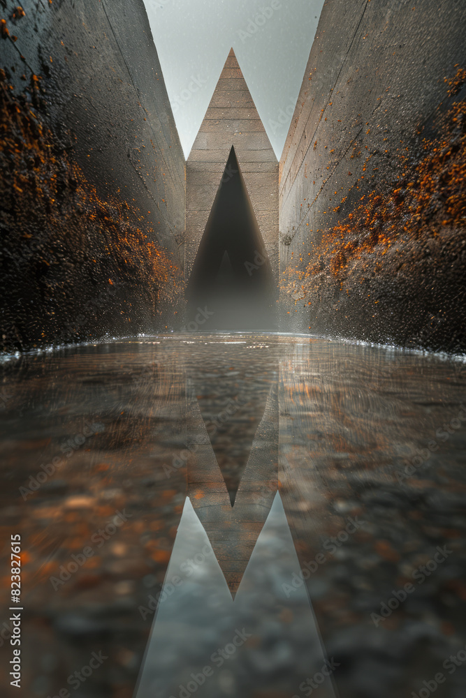 Leinwandbilder abstract image of a lens at the apex of a pyramid, with lines and shapes cascading down its sides,