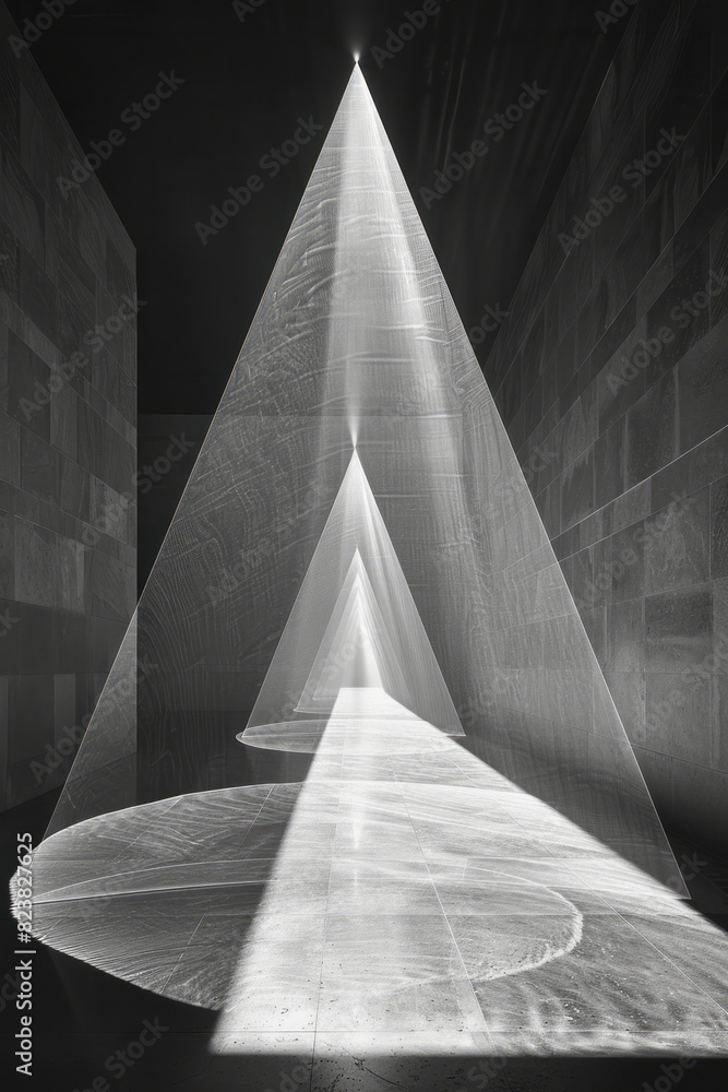 Fototapete abstract image of a lens at the apex of a pyramid, with lines and shapes cascading down its sides,