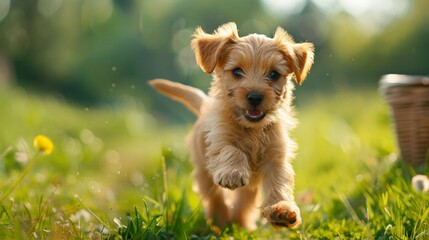 A playful puppy chasing its tail in a lush green meadow, capturing the joy and exuberance of youth.