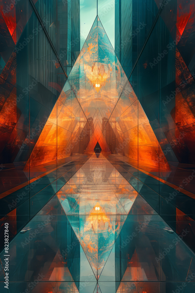 Leinwandbilder abstract image of a lens at the apex of a pyramid, with lines and shapes cascading down its sides,