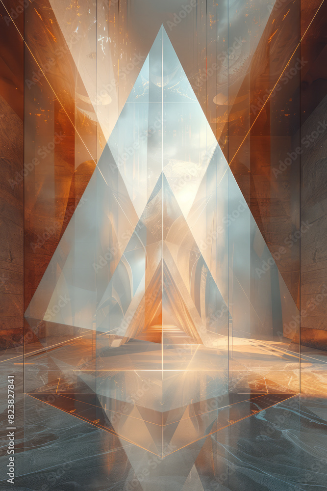 Leinwandbilder abstract image of a lens at the apex of a pyramid, with lines and shapes cascading down its sides,
