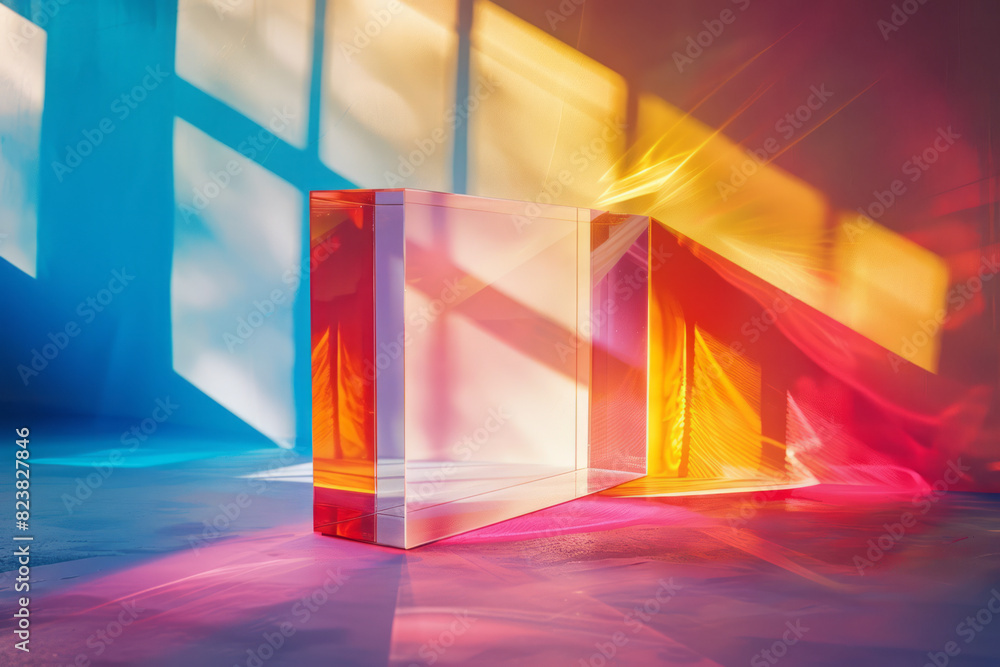 Poster a lens projecting a beam of light that splits into a spectrum of colors, each forming a unique geome