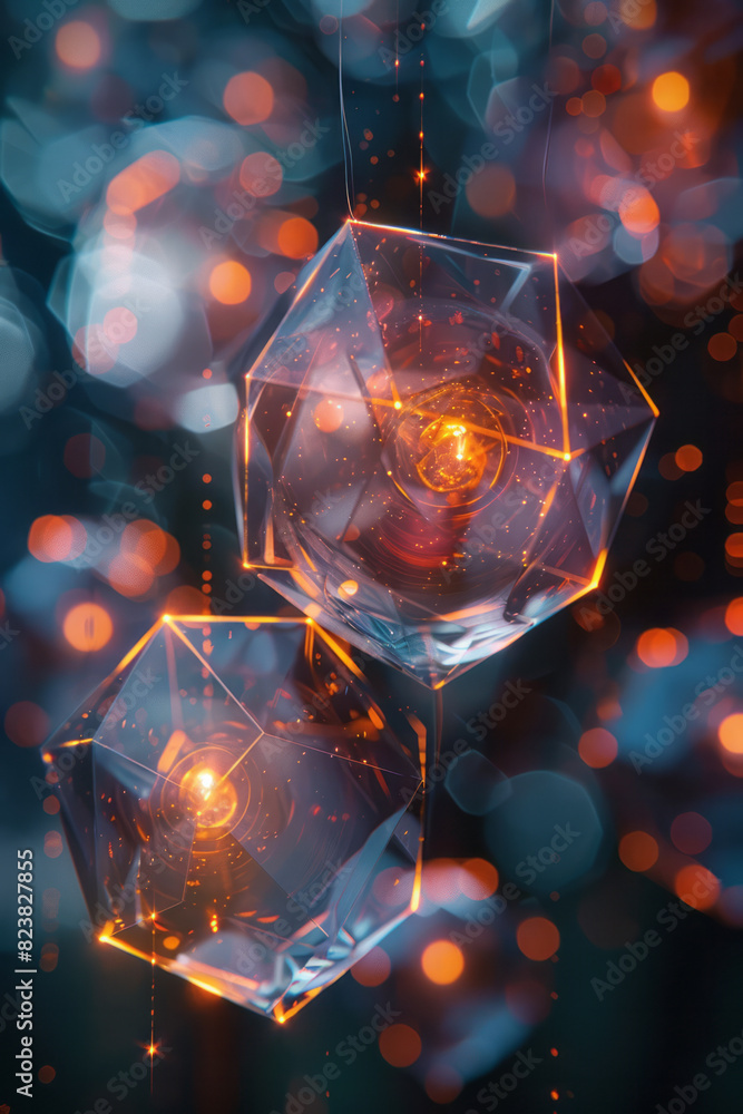 Aufkleber artistic scene of a lens interacting with floating tetrahedrons, connected by delicate lines of ligh