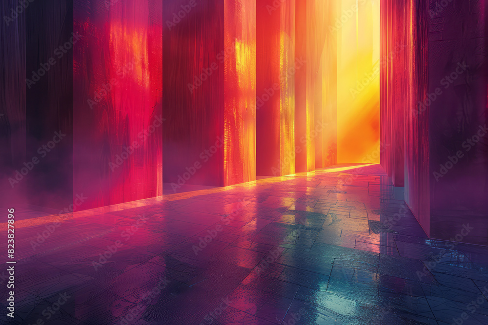 Aufkleber illustration of a lens emitting beams that create a cascading waterfall of geometric shapes and line