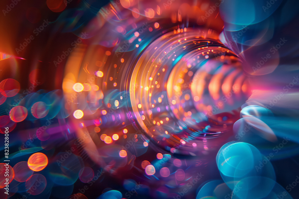 Poster abstract image of a lens with beams of light forming interlocking rings and polygons,