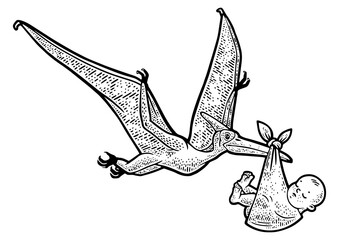pterodactyl carries newborn baby sketch engraving PNG illustration. T-shirt apparel print design. Scratch board imitation. Black and white hand drawn image. © Oleksandr Pokusai