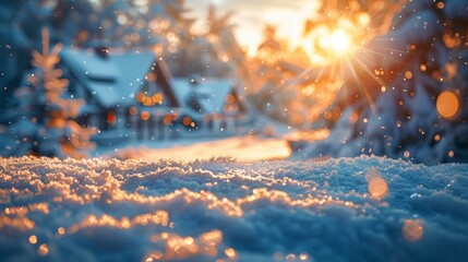 The snowy winter scene with a festive Christmas village is lit by the sun