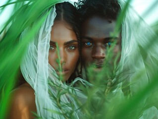 Beautiful man and woman, photo session. High quality photo. Generated by AI