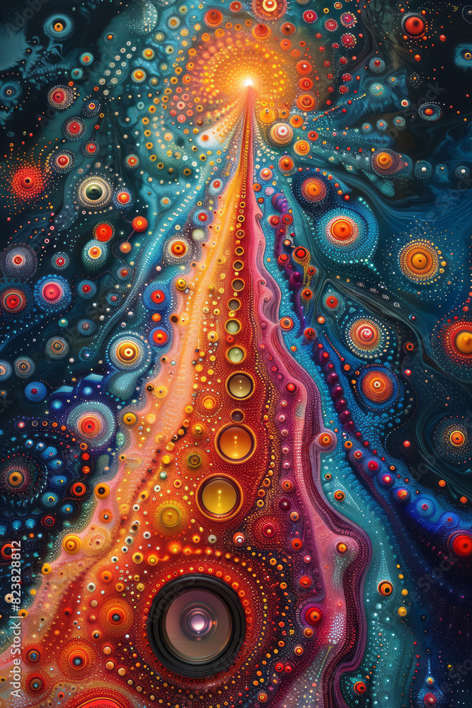 Leinwandbilder A lens at the center of an explosion of fractal patterns, each pattern radiating outward in a mesmerizing display,