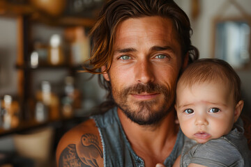 Happy smiling man father plays with daughter or son child. Caring father hugs his baby tenderly. Father's Day or Children's Day concept