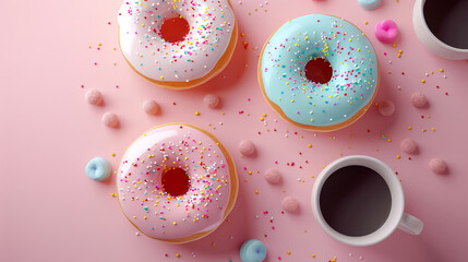 Colorful donuts with sprinkles and coffee cups on a pastel pink background. Ideal for a breakfast, dessert, or bakery theme.