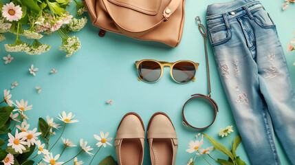 Jeans, handbag and loafers. Fashion spring, summer or autumn outfit. Women's stylish and elegant clothes with accessory. Flat lay, top view, overhead.