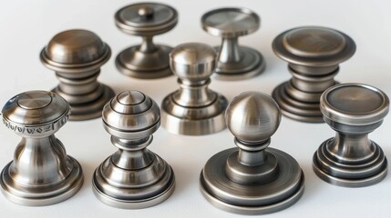 A row of dumbbells are lined up on a table