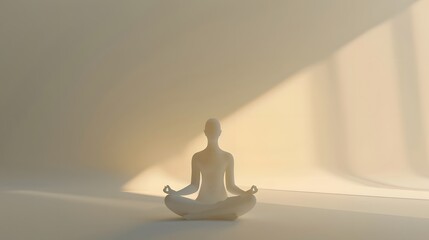 A 3D cartoon depiction of a person meditating in a lotus pose, surrounded by soft light