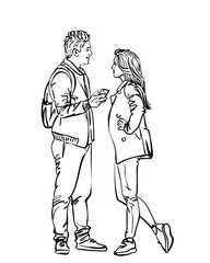 Man and woman relationship, Vector sketch, Young couple standing facing each other, he with phone in his hand looking at her and smiling, she flirty akimbo looking at him reproachfully