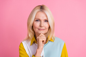 Photo of elegant aged lady arm chin think wear shirt isolated on pink color background