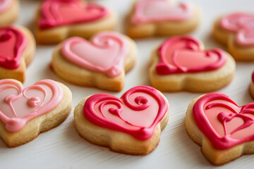 A group of heart shaped cookies with pink and red icing sitting on a white table, perfect for Valentine's Day or any romantic celebration.