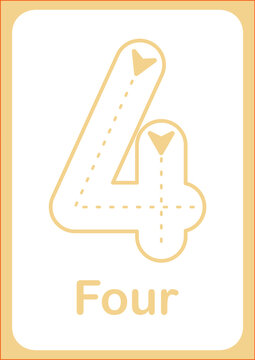 Printable flashcard trace number 4 and text for children. For preschool years and kindergarten kids learning numbers