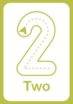 Printable flashcard trace number 2 and text for children. For preschool years and kindergarten kids learning numbers