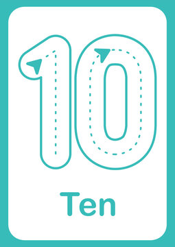 Printable flashcard trace number 10 and text for children. For preschool years and kindergarten kids learning numbers