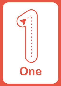 Printable flashcard trace number 1 and text for children. For preschool years and kindergarten kids learning numbers
