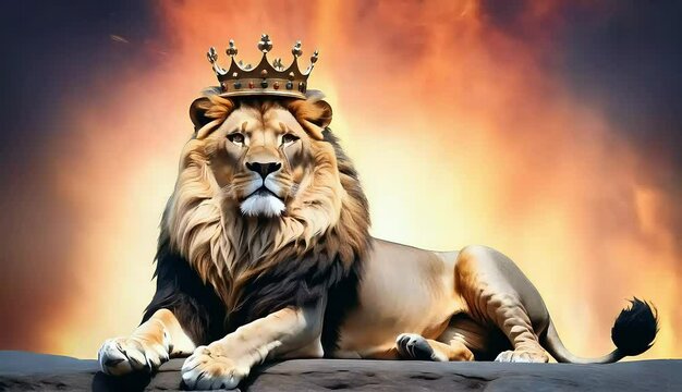 A Proud ,Majestic Lion ,the King of the Jungle -A Raging Fire Roars in the Background