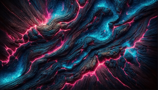 Vibrant neon pink and electric blue hues intertwine to create a stunning wood texture reminiscent of a nebula or galaxy