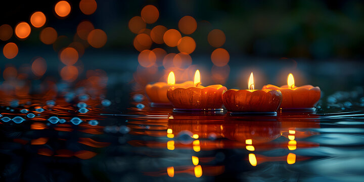 Oil lamps floating on water, creating a peaceful atmosphere for Eid-al-Adha