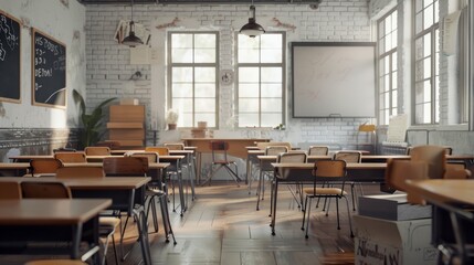 Generative ai picture collage of classroom interior with school desks chair for teaching learning students