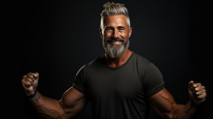 Confident muscular man flexing his muscles in a studio with dramatic lighting