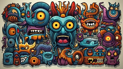 Fototapeta premium A vibrant urban graffiti wall featuring a collection of cartoon-like monster faces in various expressions